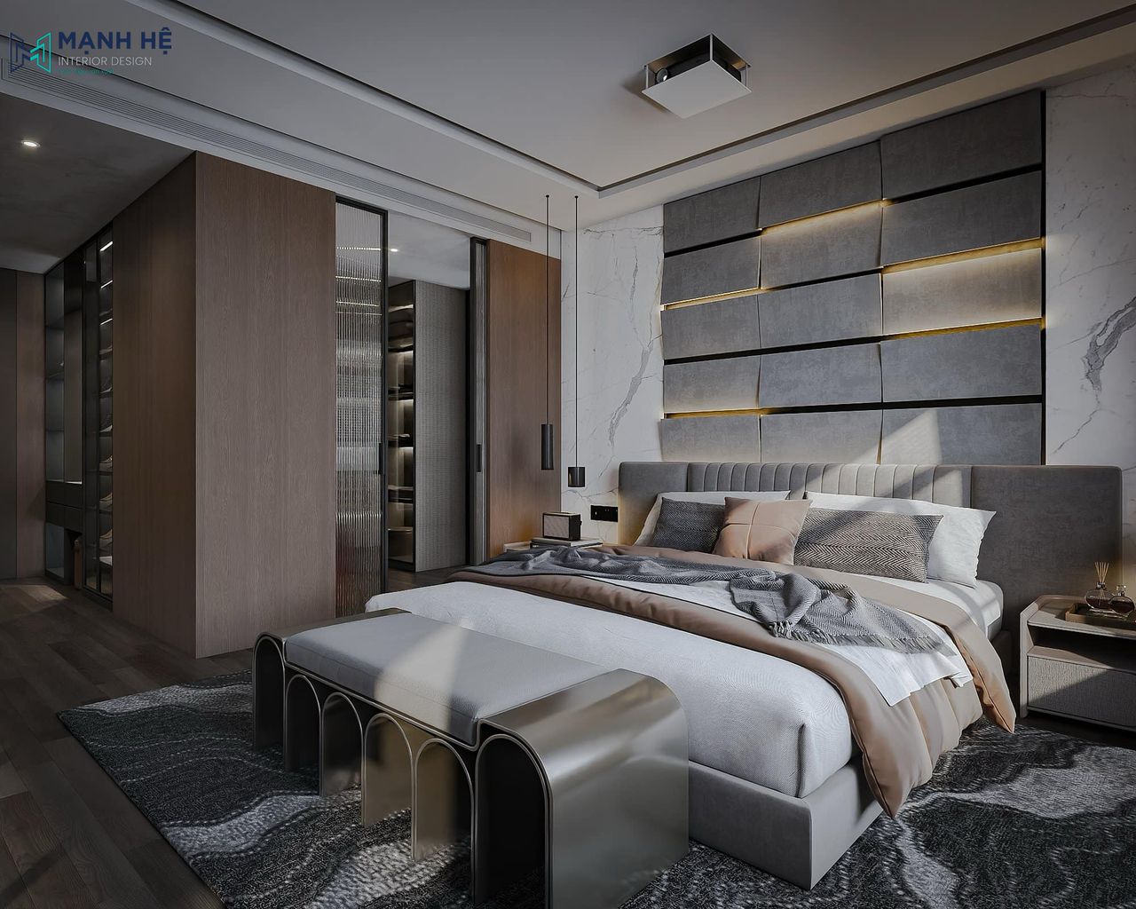 Thiết kế nội thất phòng ngủ 01 nổi bật với vách ốp đầu giường màu xám được tạo hình độc đáo tích hợp đèn led