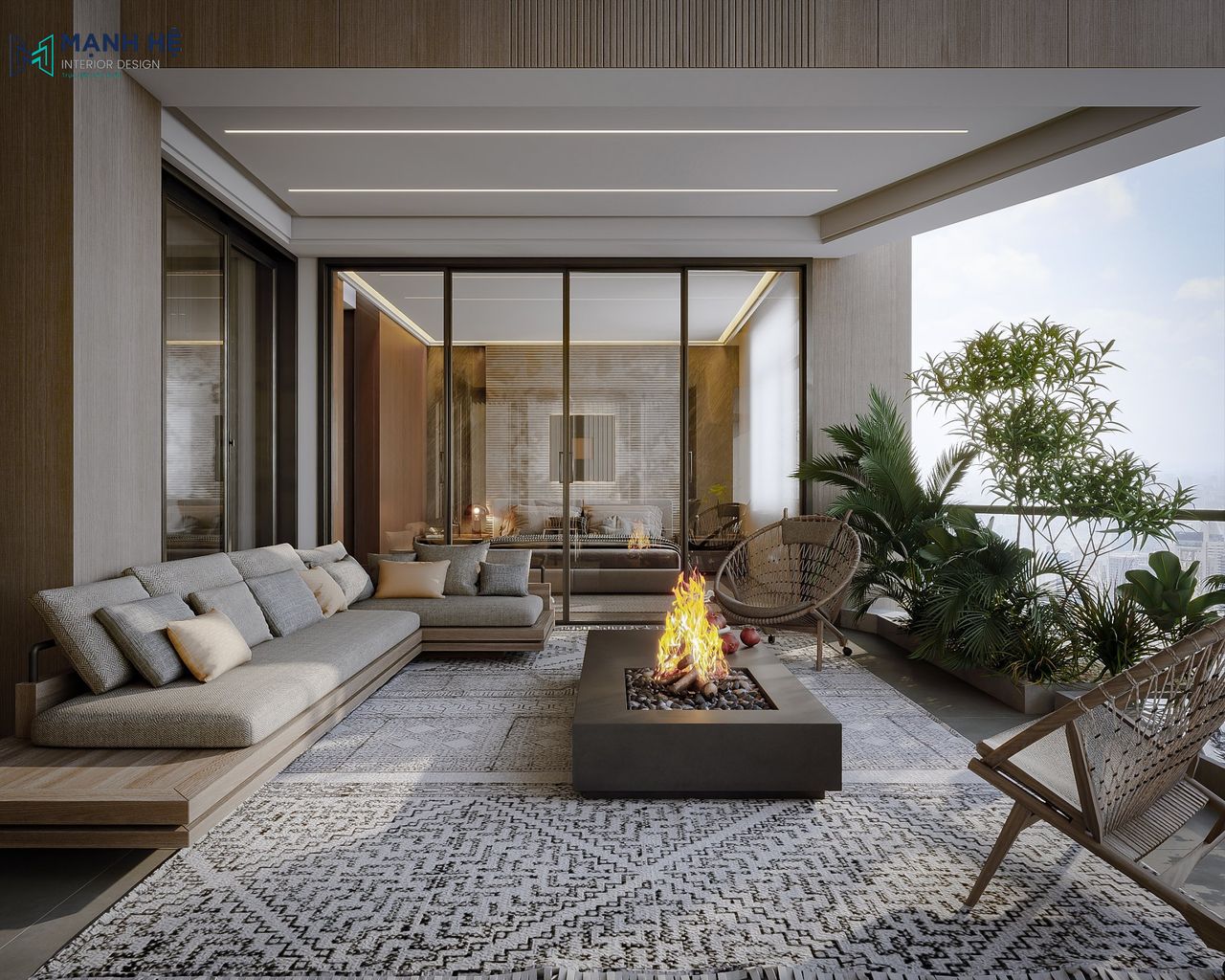 Không gian ban công thoáng đãng tích hợp bàn ghế sofa kiểu Nhật thư giãn nổi bật với thảm trải sàn lớn