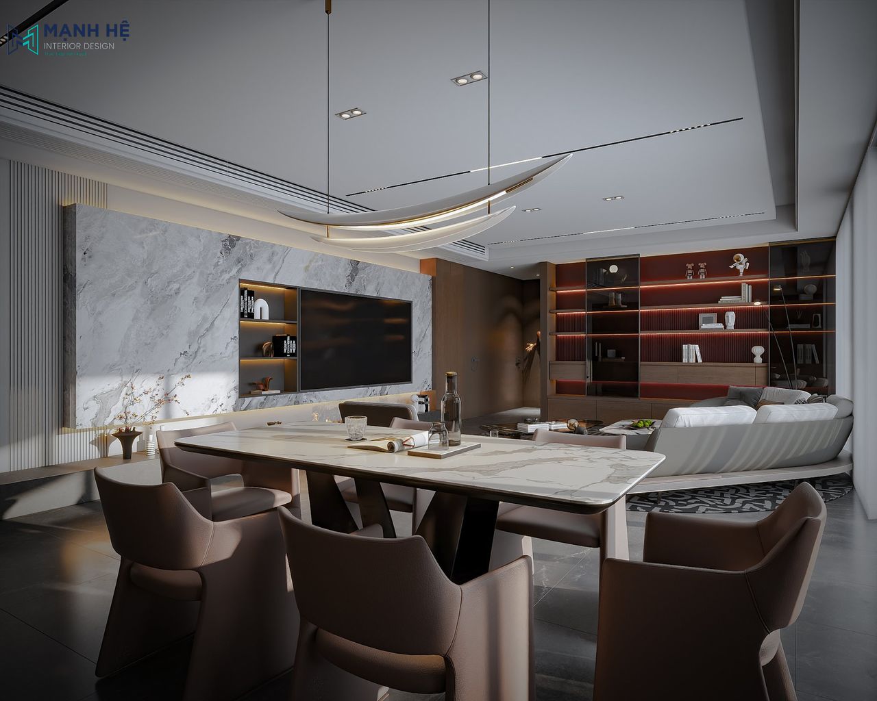 Nội thất chung cư hiện đại nổi bật với bộ bàn ăn mặt đá kết hợp đèn thả trần