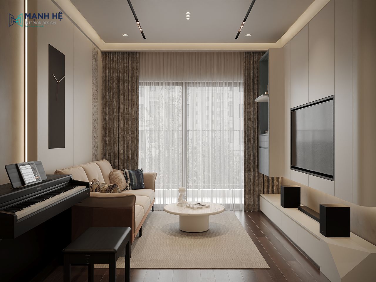 Tủ tivi cao đụng trần màu trắng có tay nắm âm kết hợp kệ gỗ công nghiệp màu trắng phía dưới tivi cho phòng khách tươi sáng