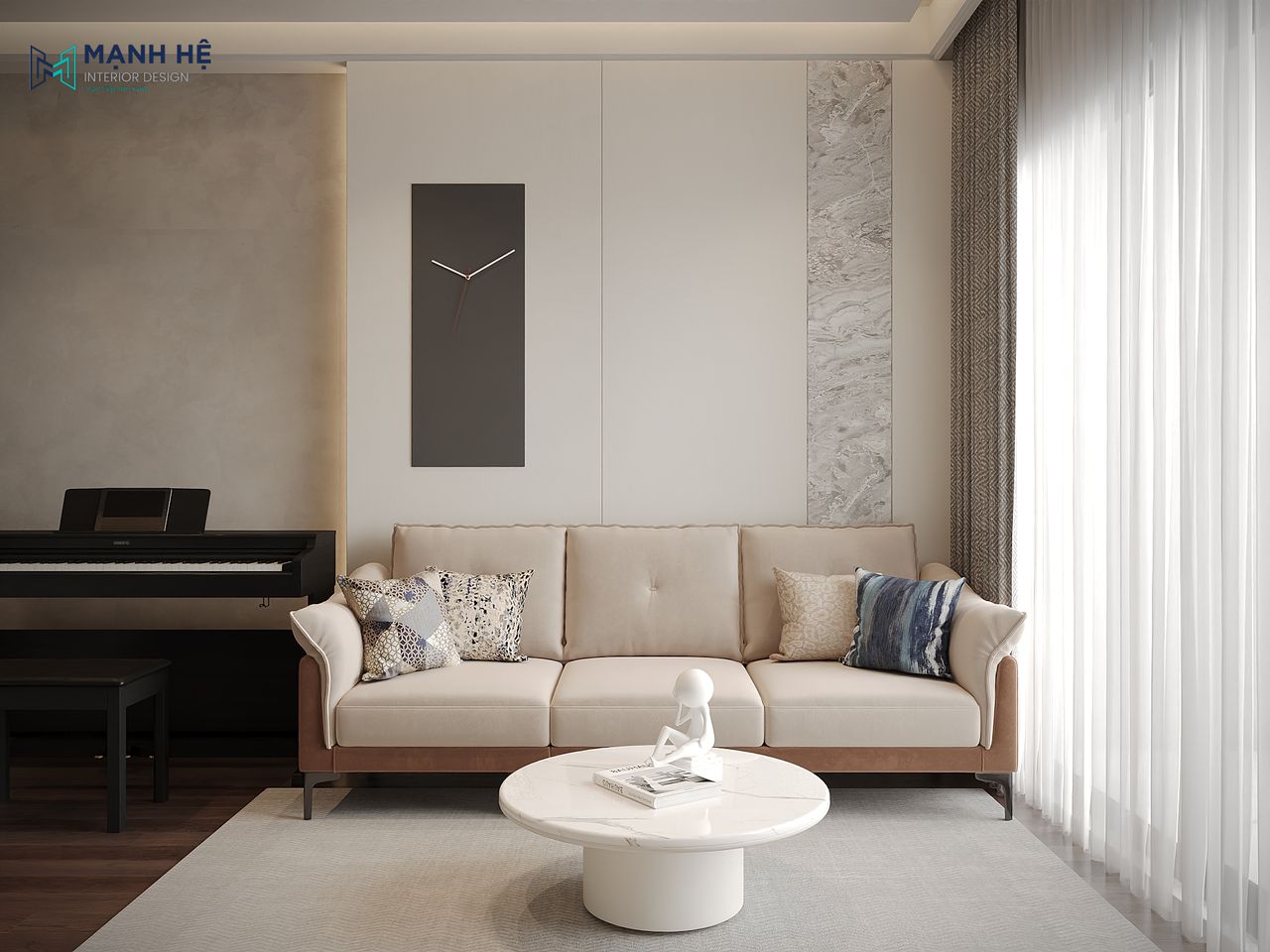 Phòng khách hiện đại với sofa màu be phối nâu làm từ gỗ công nghiệp và bàn trà tròn màu trắng từ đá nhân tạo vân mây