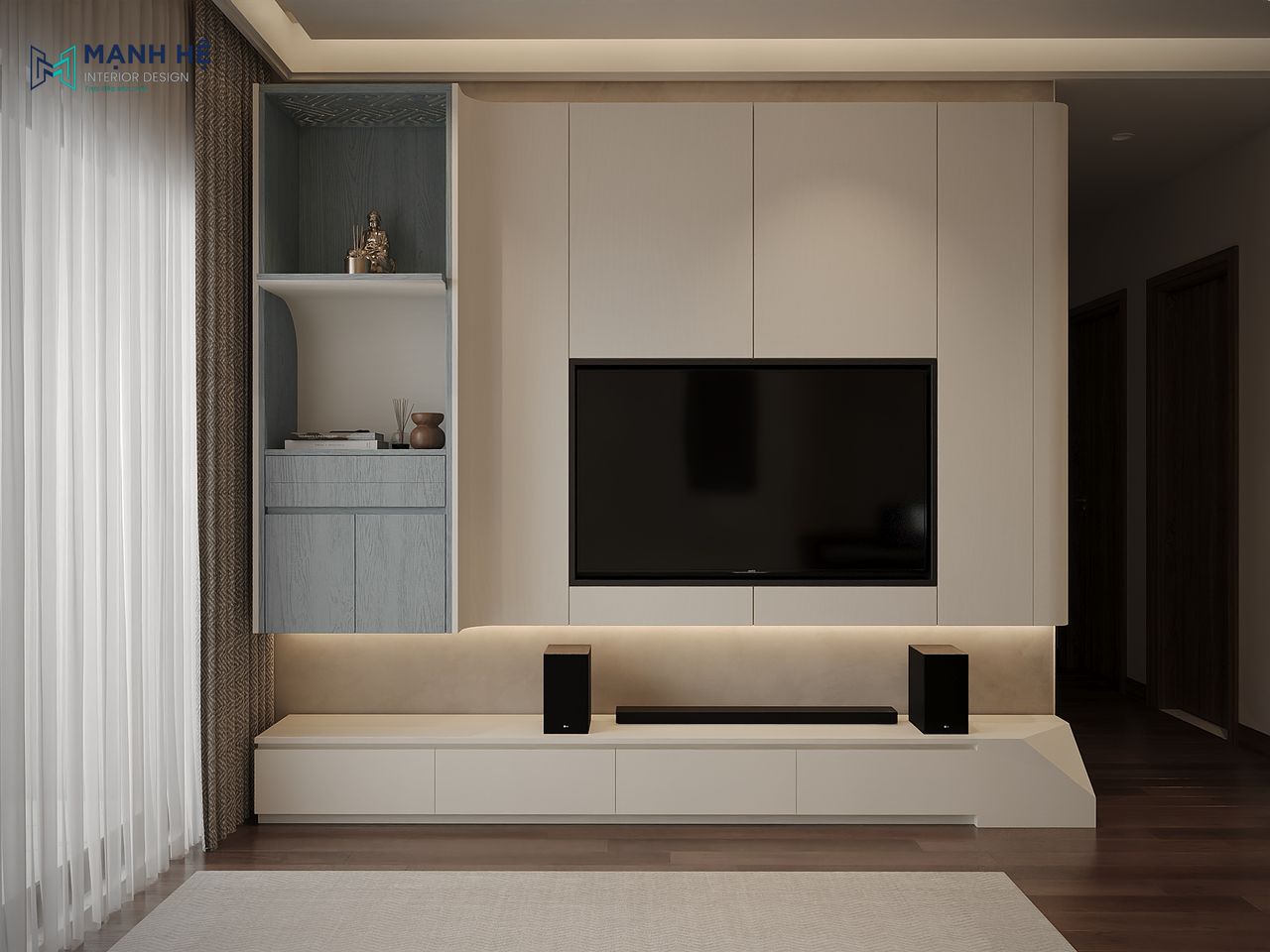 Phòng khách gồm tủ thờ màu xanh xám được thiết kế với 2 kệ và hộc tủ tay nắm âm kết hợp tủ tivi cho không gian hiện đại