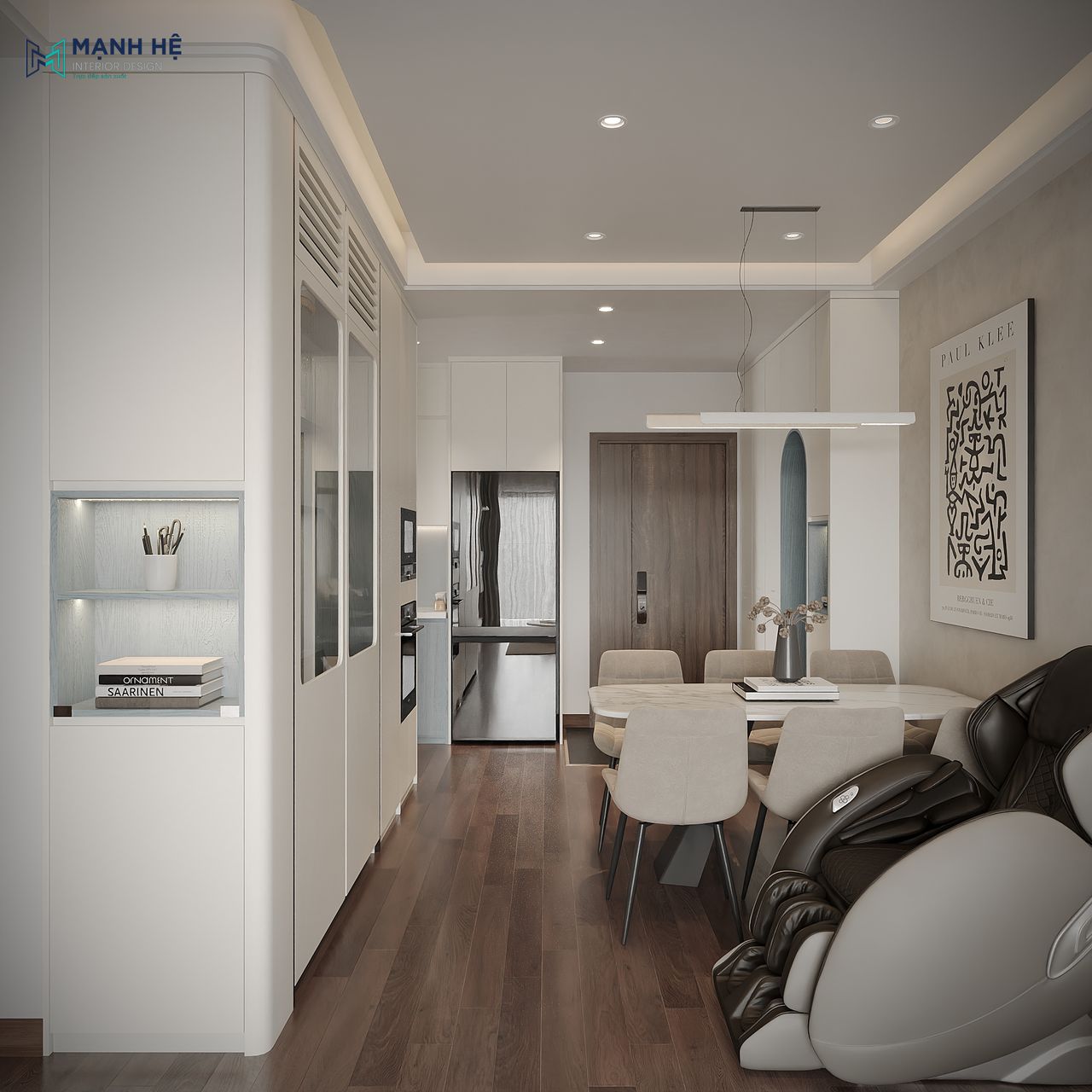 Bộ bàn ăn làm từ gỗ công nghiệp với đường nét bo cong và kế bên là hệ tủ đồ khô cao đụng trần đặt kết hợp kệ trang trí