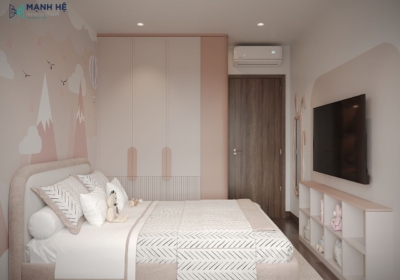 Kệ đồ chơi có chiều cao vừa phải, đặt ngay dưới tivi cho bé thoải mái sắp xếp vật dụng