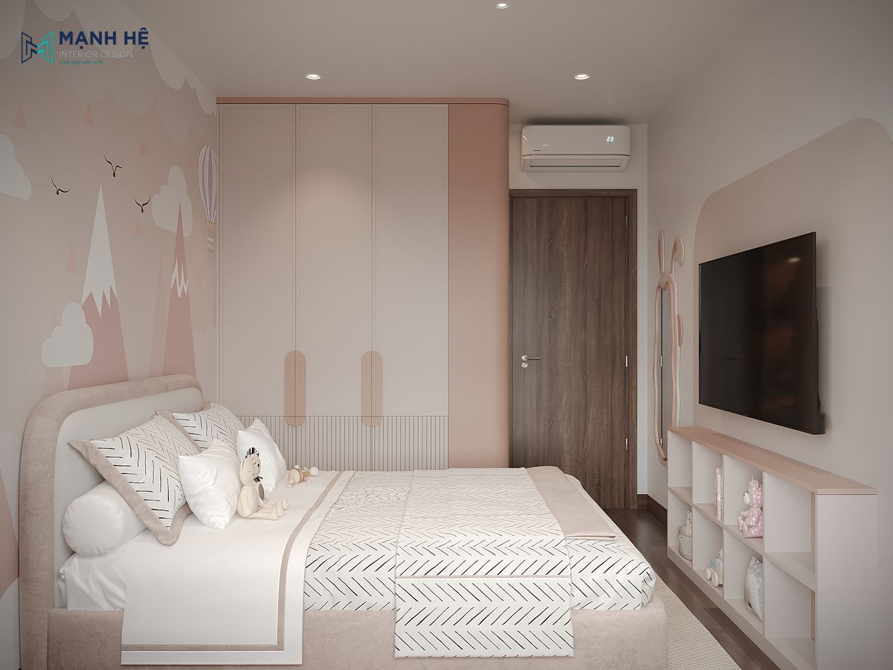 Kệ đồ chơi có chiều cao vừa phải, đặt ngay dưới tivi cho bé thoải mái sắp xếp vật dụng