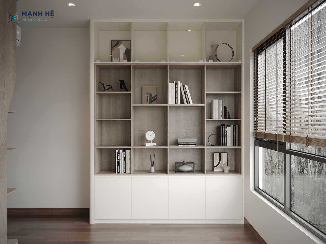 Kệ sách gỗ công nghiệp màu trắng chủ đạo được trang trí với những món phụ kiện như gốm sứ và sách
