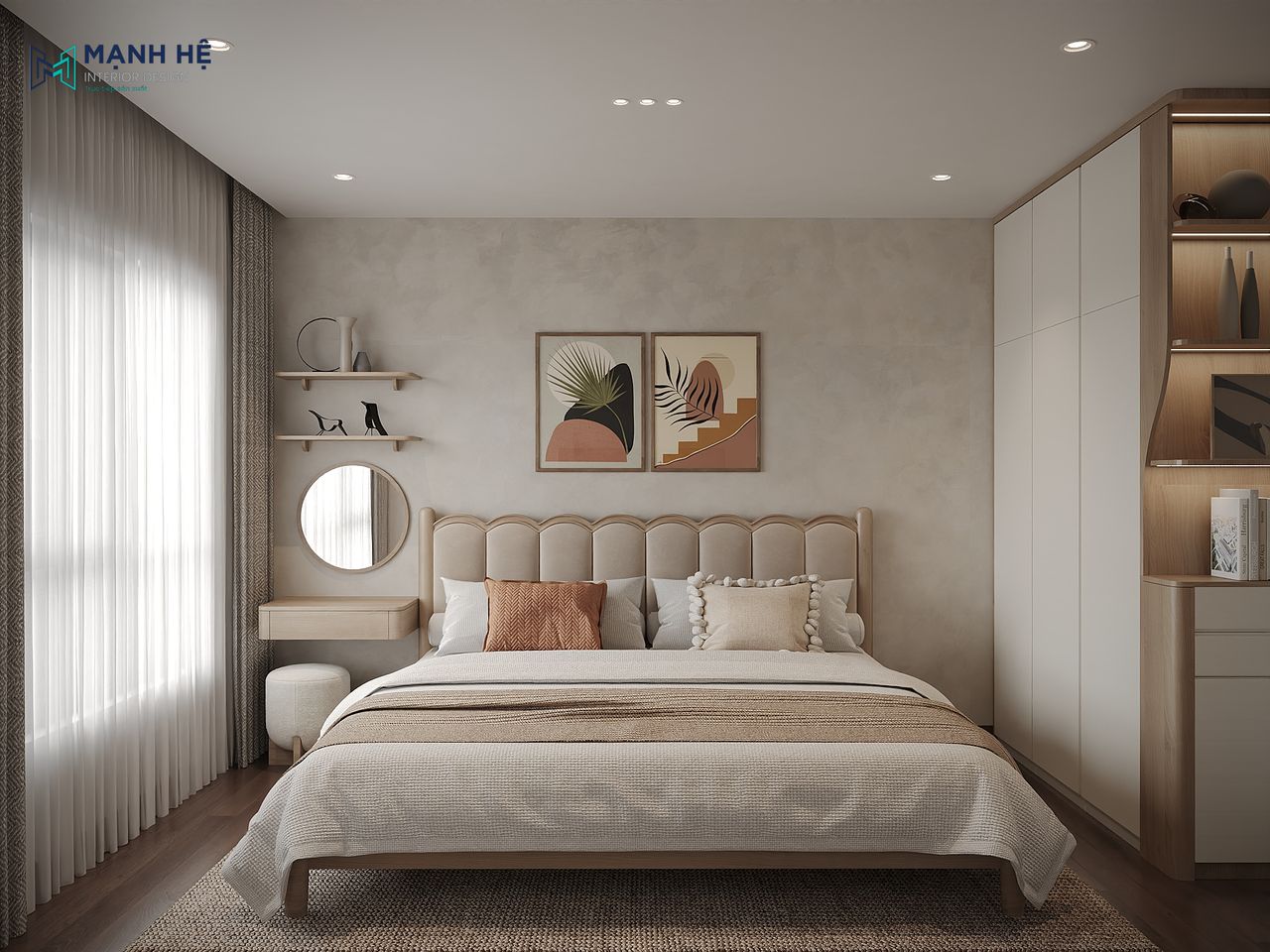 Giường ngủ làm từ gỗ công nghiệp giúp phòng ngủ master hiện đại gồm gam màu be - xám nổi bật hơn