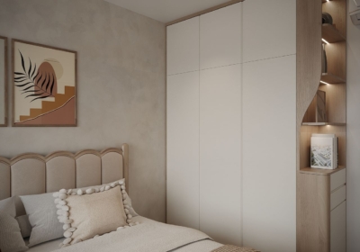 Tủ quần áo kịch trần kết hợp kệ trang trí có đèn hắt sáng giúp phòng ngủ hiện đại hơn