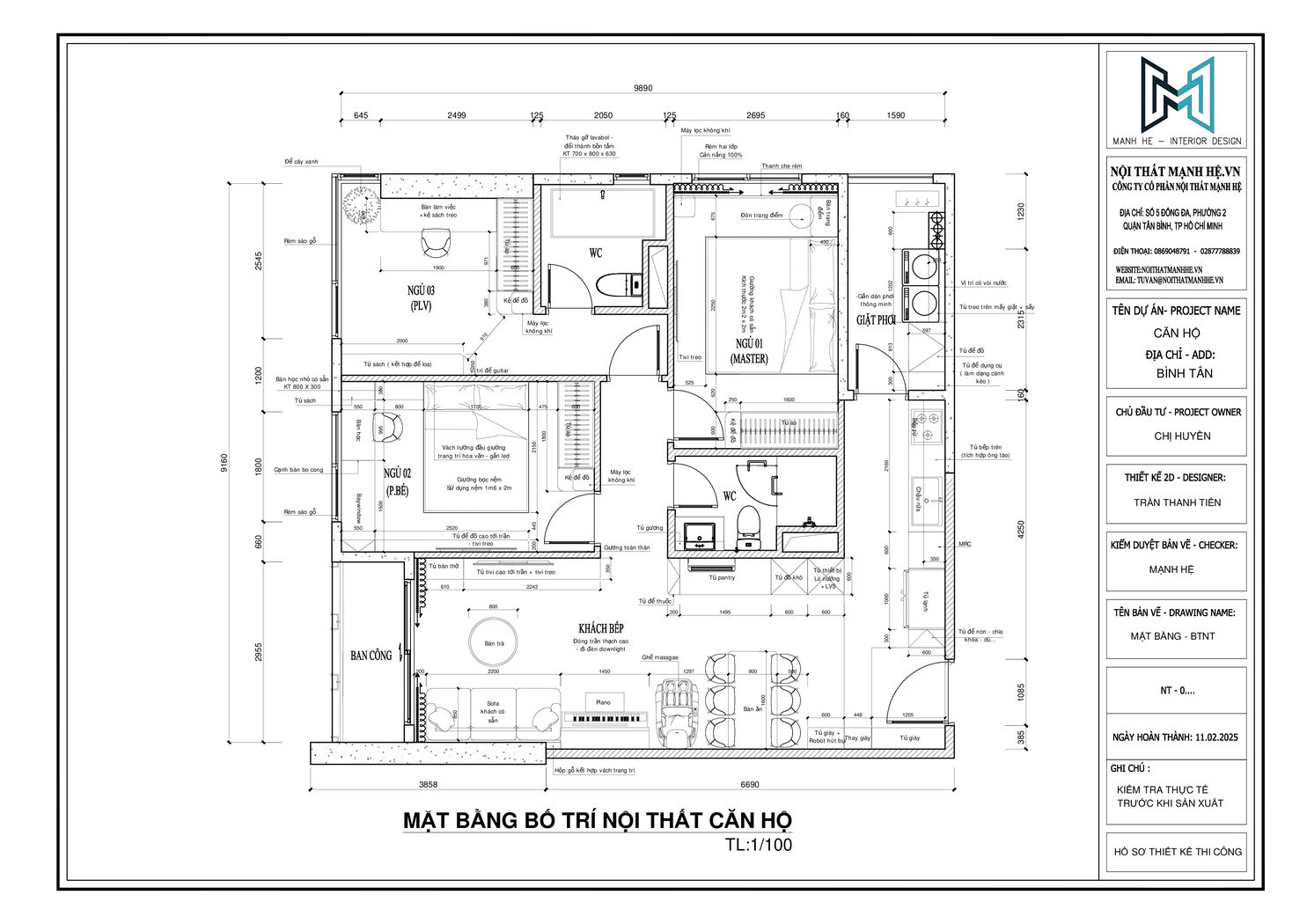 Mặt bằng bố trí nội thất chung cư Akari City 99m2 gồm 3 phòng ngủ