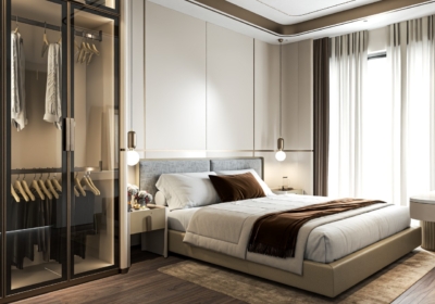 Phòng ngủ nổi bật hơn nhờ tủ quần áo cánh kính kịch trần tích hợp đèn LED hắt tủ