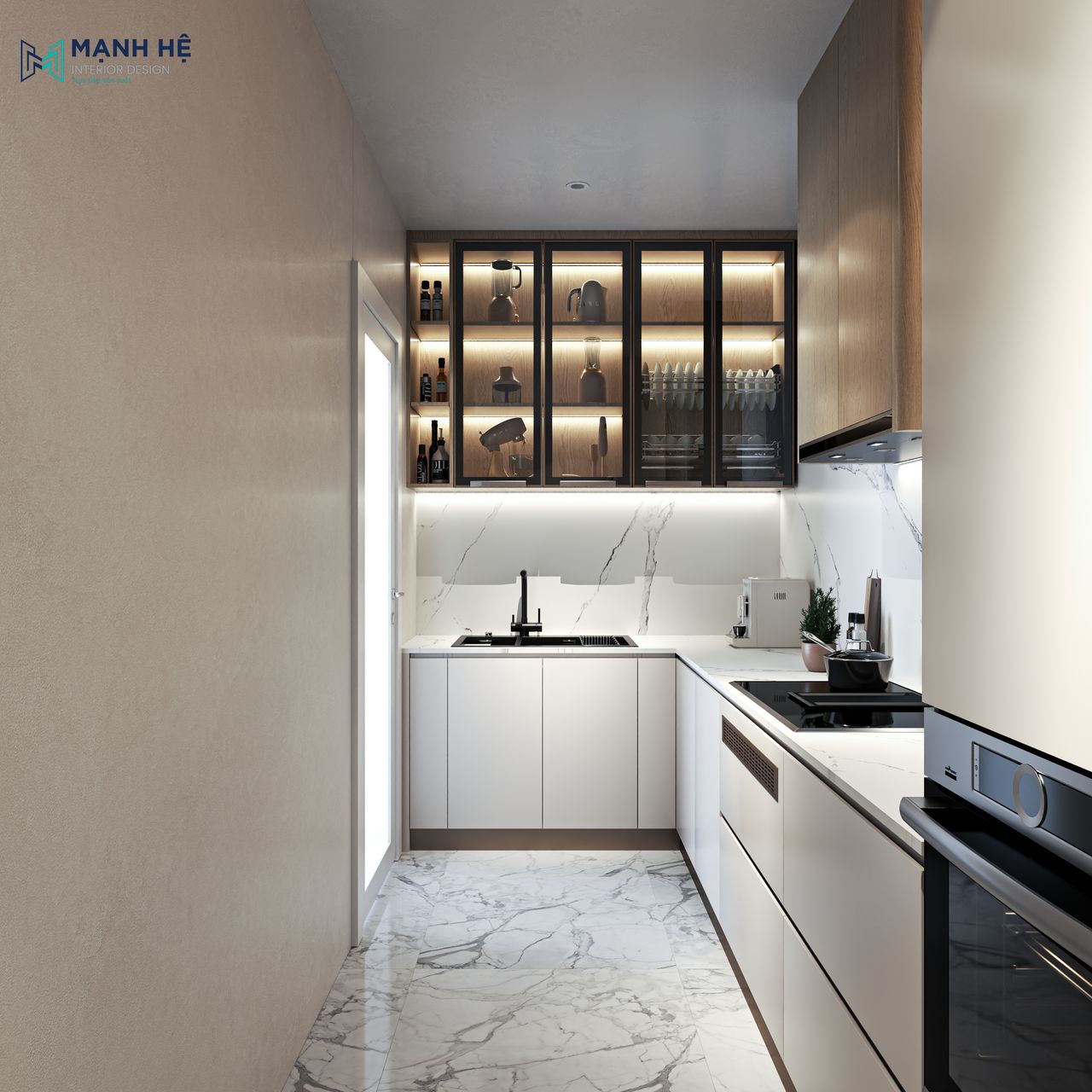 Tủ trang trí cánh kính được tích hợp đèn LED kết hợp đá ốp bếp cho không gian bếp ấm áp, sạch sẽ