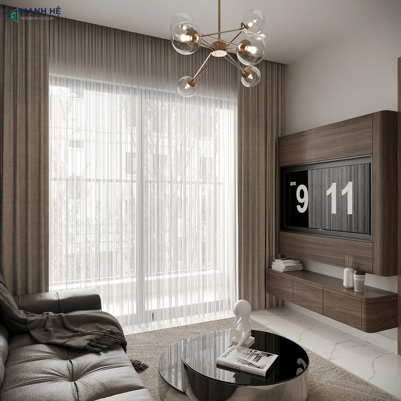 Kệ tivi treo tường bằng gỗ công nghiệp màu nâu gỗ đậm với các đường vân gỗ tự nhiên và có phần kệ dưới để đồ trang trí
