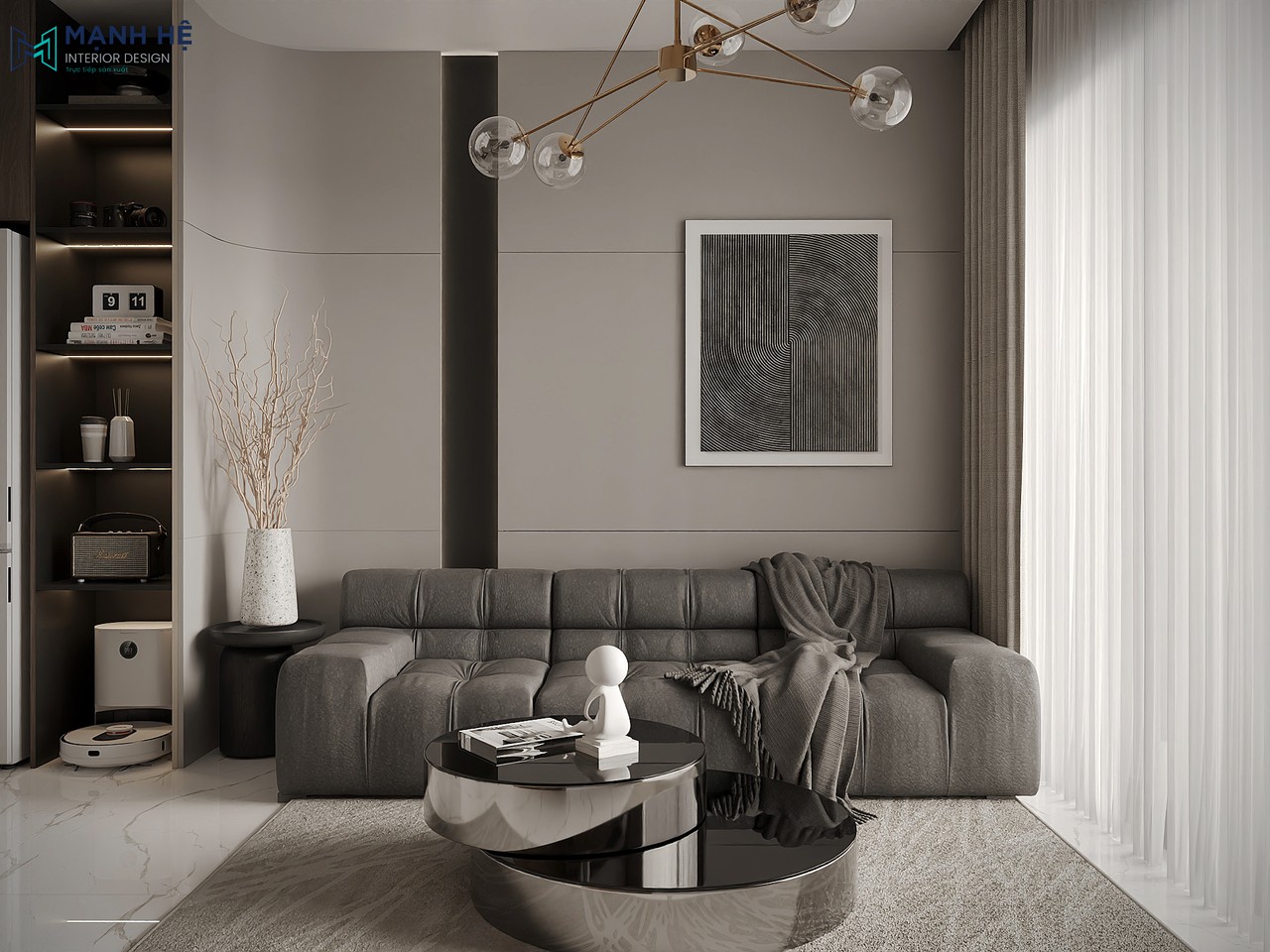 Sofa văng màu xám ghi kết hợp với bàn trà mặt kính đen nổi bật trên nền gạch trắng họa tiết vân mây