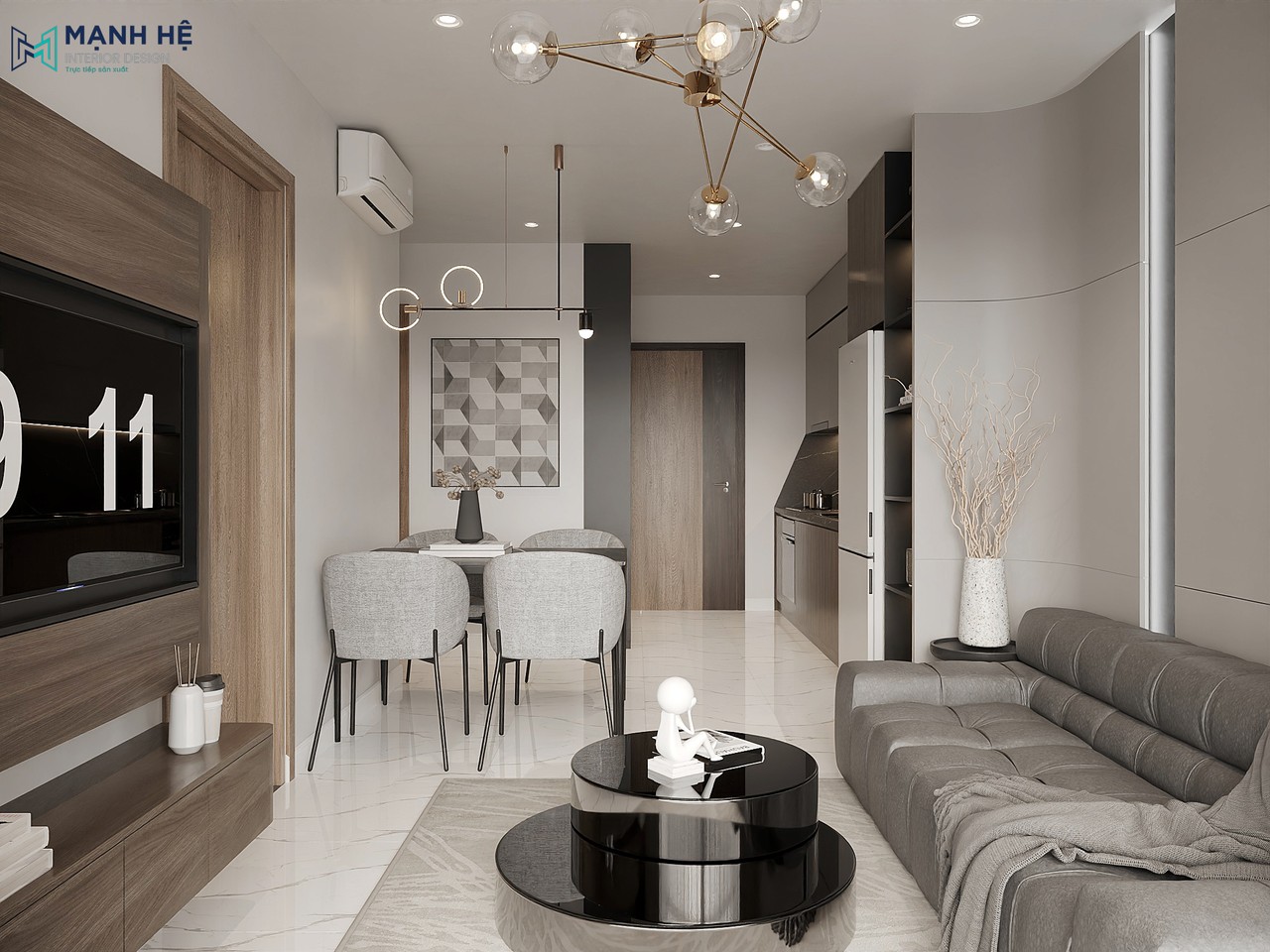 Không gian phòng khách căn hộ 60m2 liền mạch với khu vực bếp và bàn ăn sử dụng tông màu xám chủ đạo