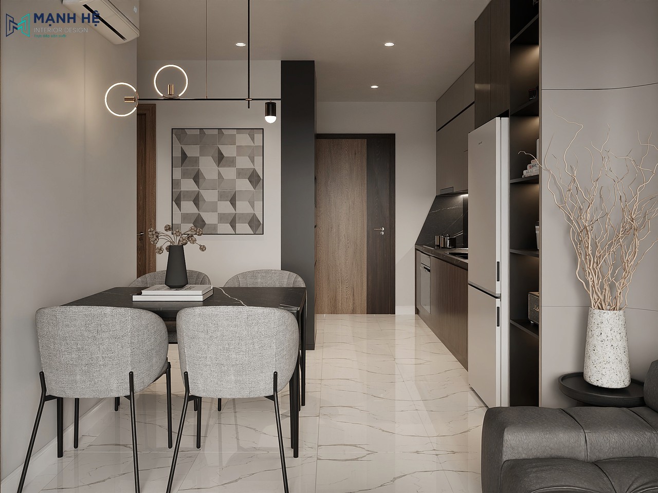 Bàn ăn 4 ghế được đặt cạnh khu vực bếp trong không gian mở, mặt bàn đá màu đen cùng với ghế ăn bọc nệm màu xám mềm mại