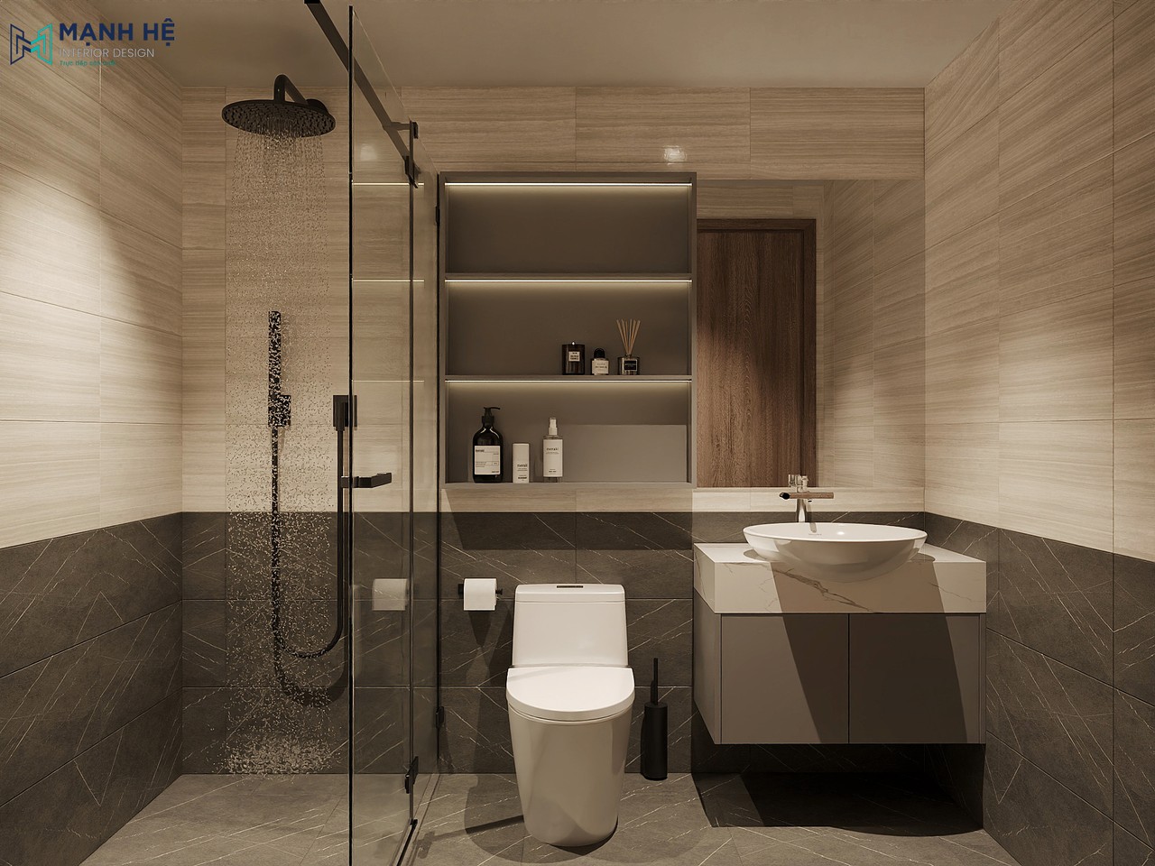 Nhà vệ sinh trong phòng ngủ master sử dụng gam màu be – xám phối đá vân có tủ lavabo treo tường và tủ gương kết hợp kệ mở