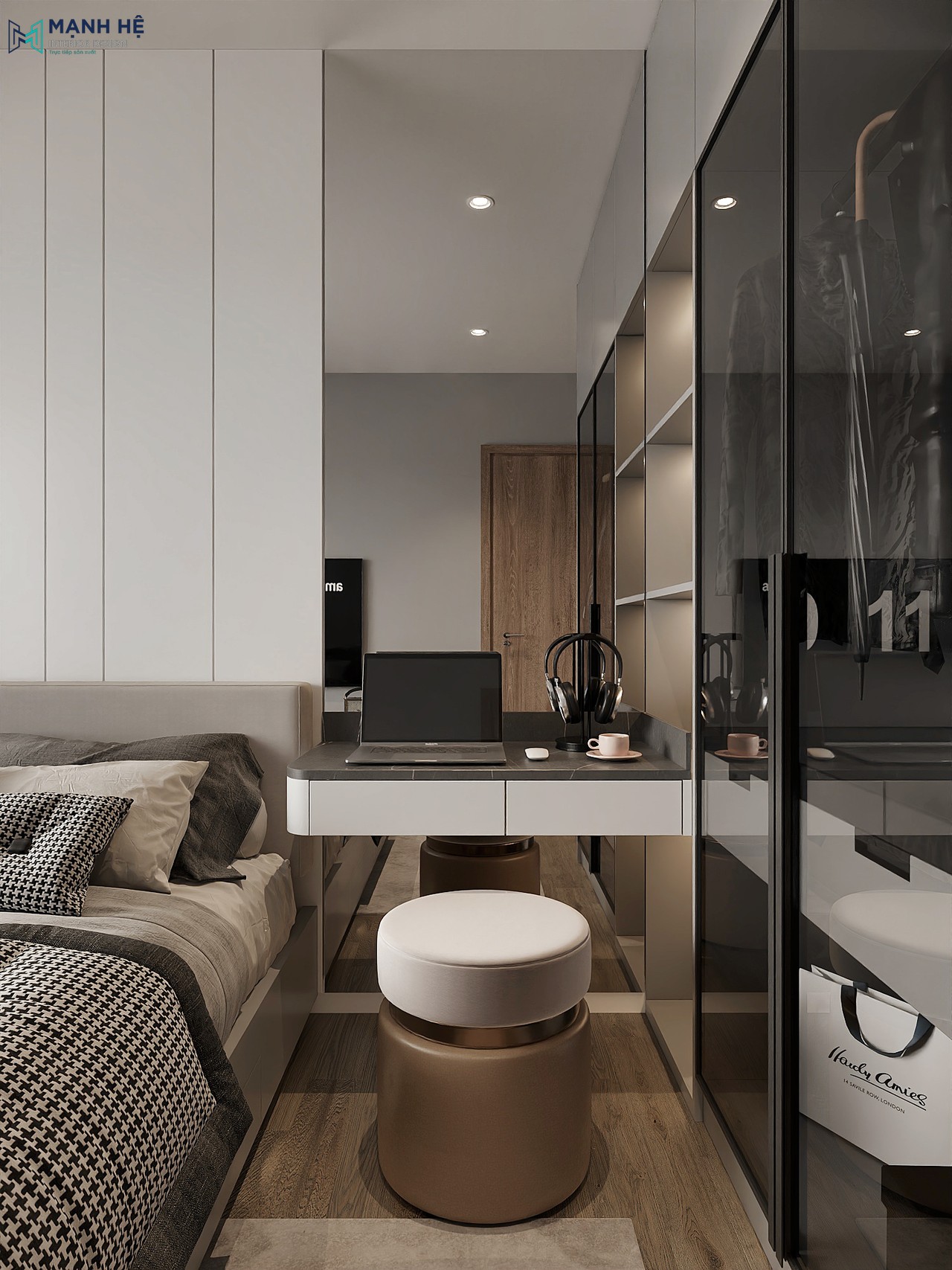 Bàn làm việc treo tường bằng gỗ công nghiệp có 2 ngăn kéo màu trắng thiết kế liền kề giường ngủ và tủ quần áo