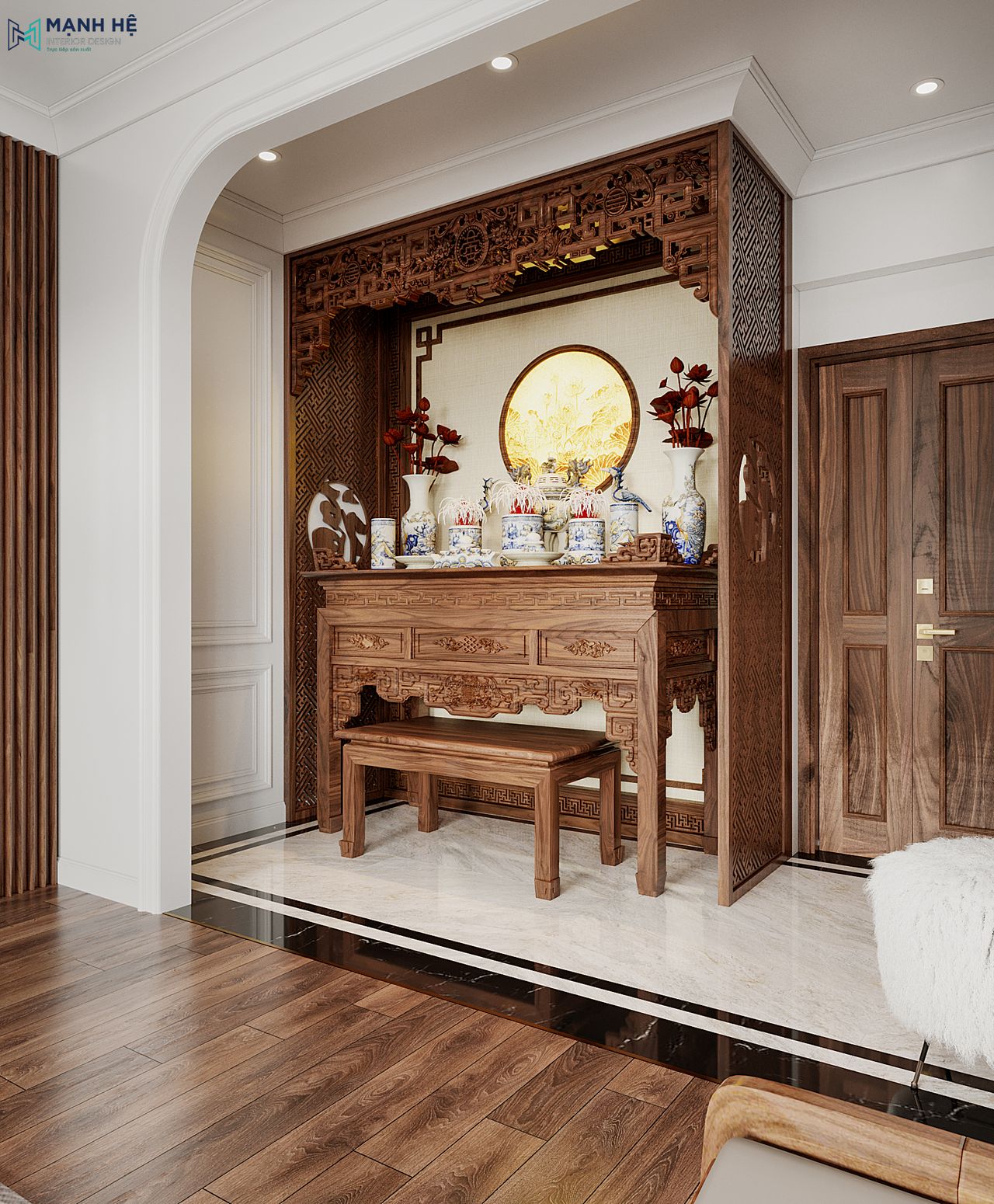 Bàn thờ sử dụng chất liệu gỗ óc chó chạm khắc hoa văn tỉ mỉ với sàn nhà lát đá marble trắng vân mây tách biệt với phòng khách