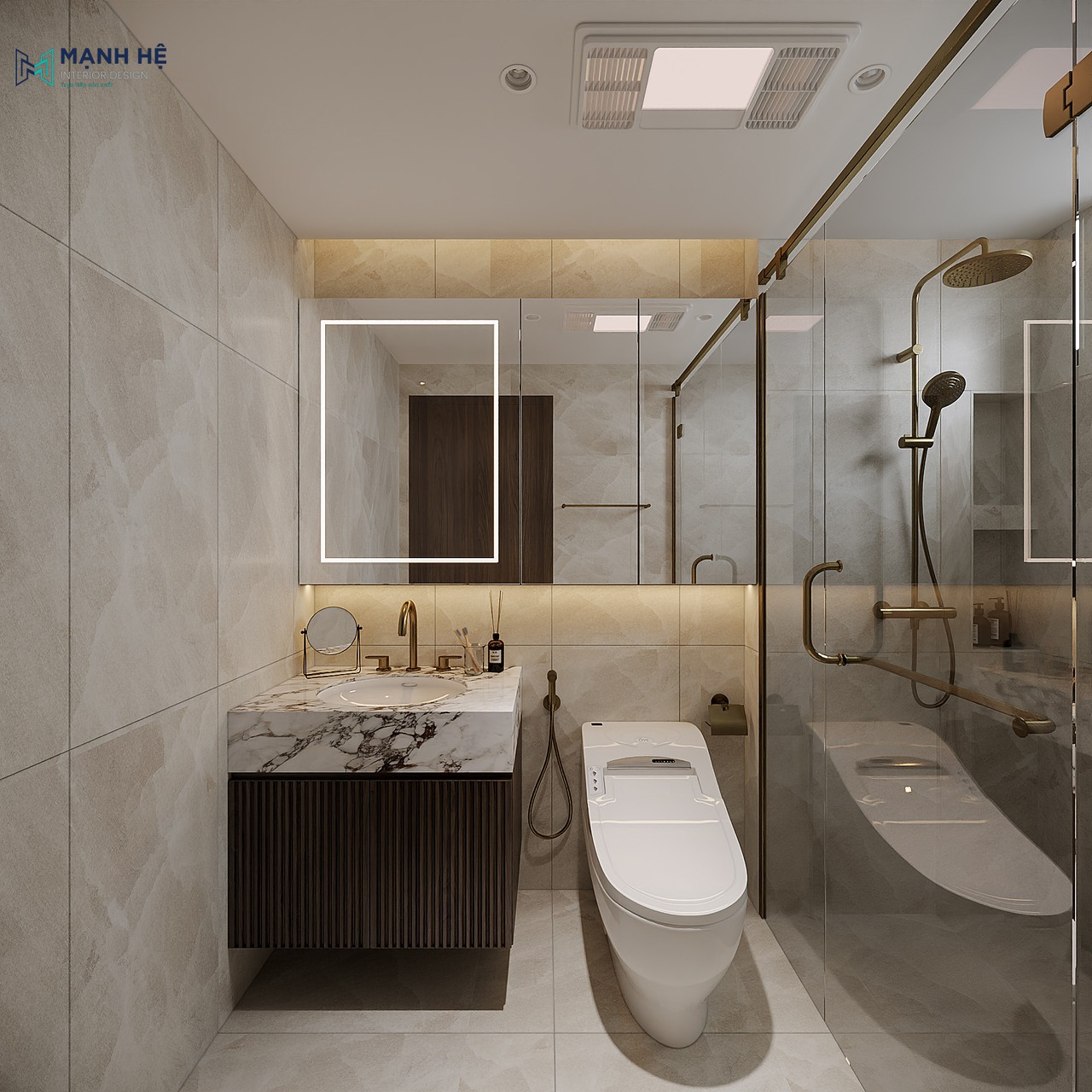 Nhà vệ sinh đầy đủ công năng với lavabo mặt đá nhân tạo kết hợp gỗ công nghiệp và gương treo tường