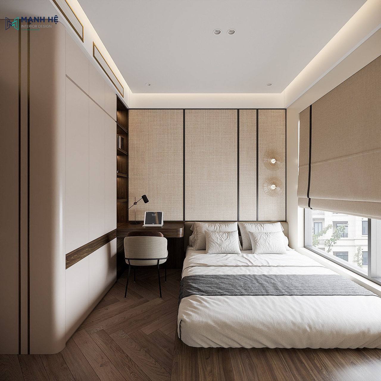 Không gian phòng ngủ nhỏ với vách ốp đầu giường chạy viền kết hợp bề mặt nhám tạo cảm giác mới lạ