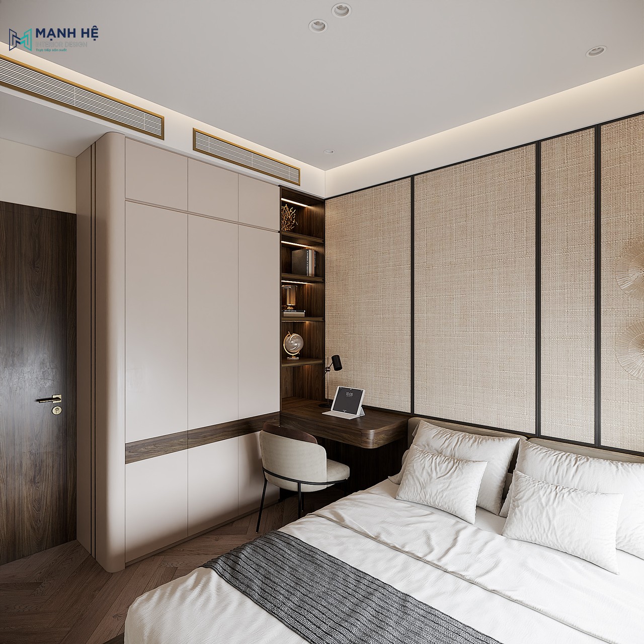 Hệ tủ kịch trần gỗ công nghiệp tay nắm âm kết hợp bàn làm việc nhỏ giúp tối ưu diện tích cho phòng ngủ chung cư