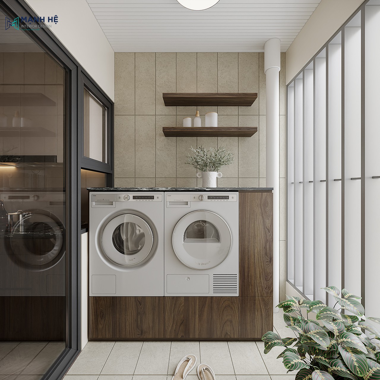 Phòng giặt gồm tủ gỗ chứa máy giặt và máy sấy kết hợp kệ treo tường phía trên cho chung cư nhỏ