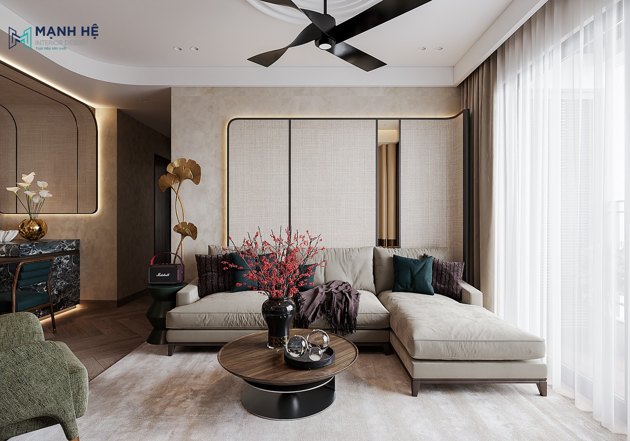 Thiết kế phòng khách liền bếp chung cư hiện đại kết hợp Japandi với tone be chủ đạo kết hợp ghế sofa và bàn trà tròn nhỏ màu đen