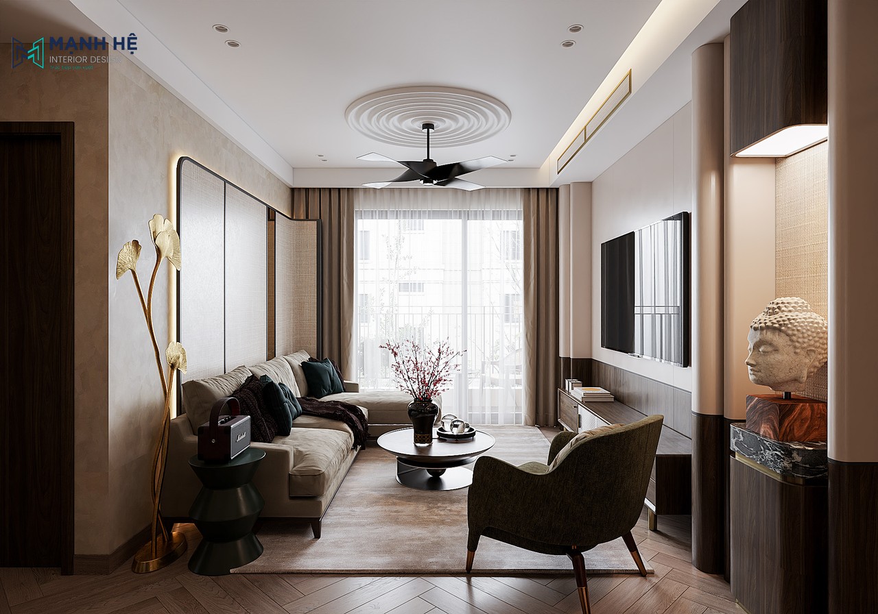 Phòng khách căn hộ nổi bật với vách ốp trang trí sau sofa được thiết kế bo cong độc đáo cùng tone be nhẹ nhàng