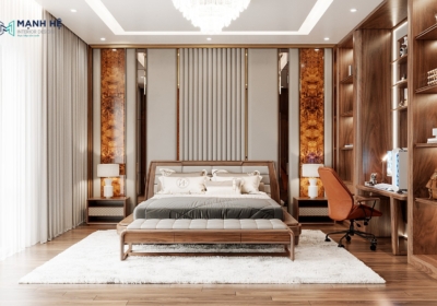 Phòng ngủ với vách đầu giường kết hợp đường gỗ nổi cùng đường ron vàng và đá hoa cương