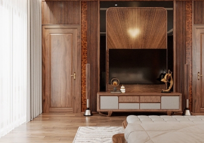 Kệ tivi với vách trang trí lam gỗ phía sau được thiết kế cách điệu kết hợp hộc tủ tay nắm âm