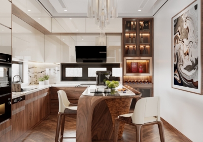 Hệ tủ bếp chữ L phủ veneer kết hợp tủ trên kịch trần phủ acrylic với tay nắm âm