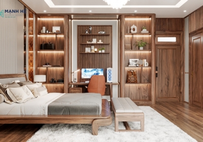 Căn phòng gồm kệ trang trí kết hợp bàn làm việc với đèn hắt tủ với bề mặt họa tiết vân gỗ