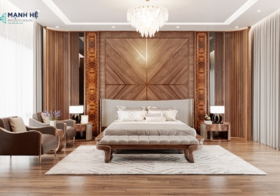 Giường ngủ gỗ óc chó kết hợp vách đầu giường cách điệu độc đáo kèm đá hoa cương và vách gỗ nổi