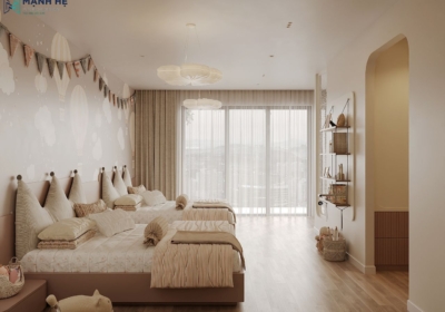 Phòng ngủ cho bé được tối ưu ánh sáng tự nhiên nhờ hệ cửa kính lớn tích hợp rèm 2 lớp