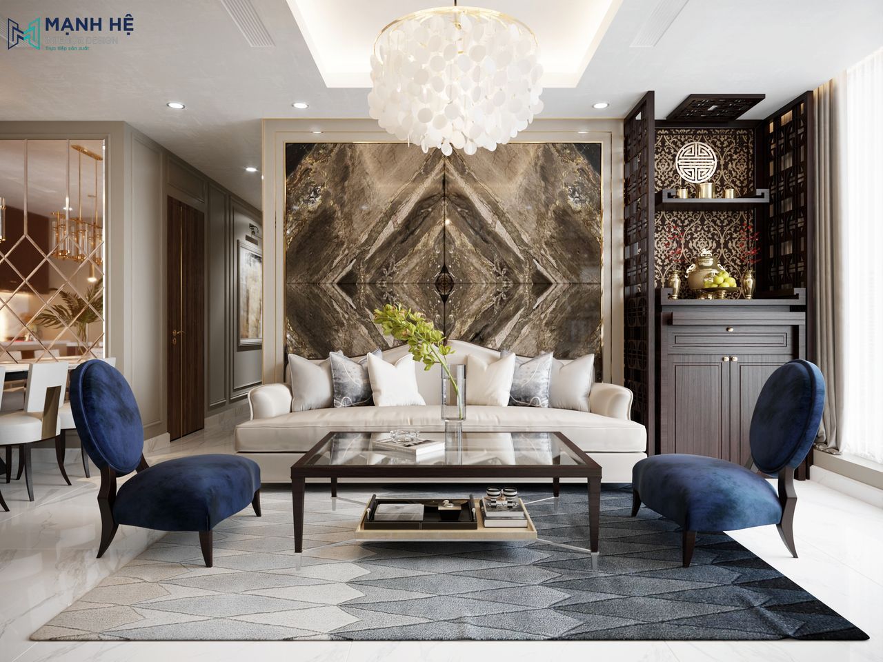 Phòng khách chung cư Sunwah Pearl phong cách tân cổ điển, có bàn thờ Á Đông và vách đá marble đối xứng sau sofa.
