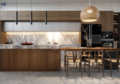 Phòng bếp được thiết kế tủ bếp chữ I, giúp tận dụng được nhiều không gian lưu trữ