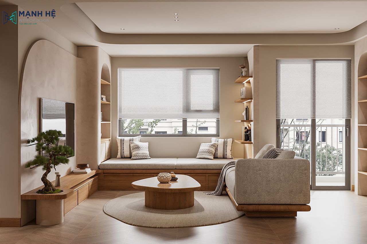 Tường bo cong xi măng mịn và hệ tủ TV gỗ kết hợp cây bonsai trong phòng khách phong cách Japandi phối Zen.