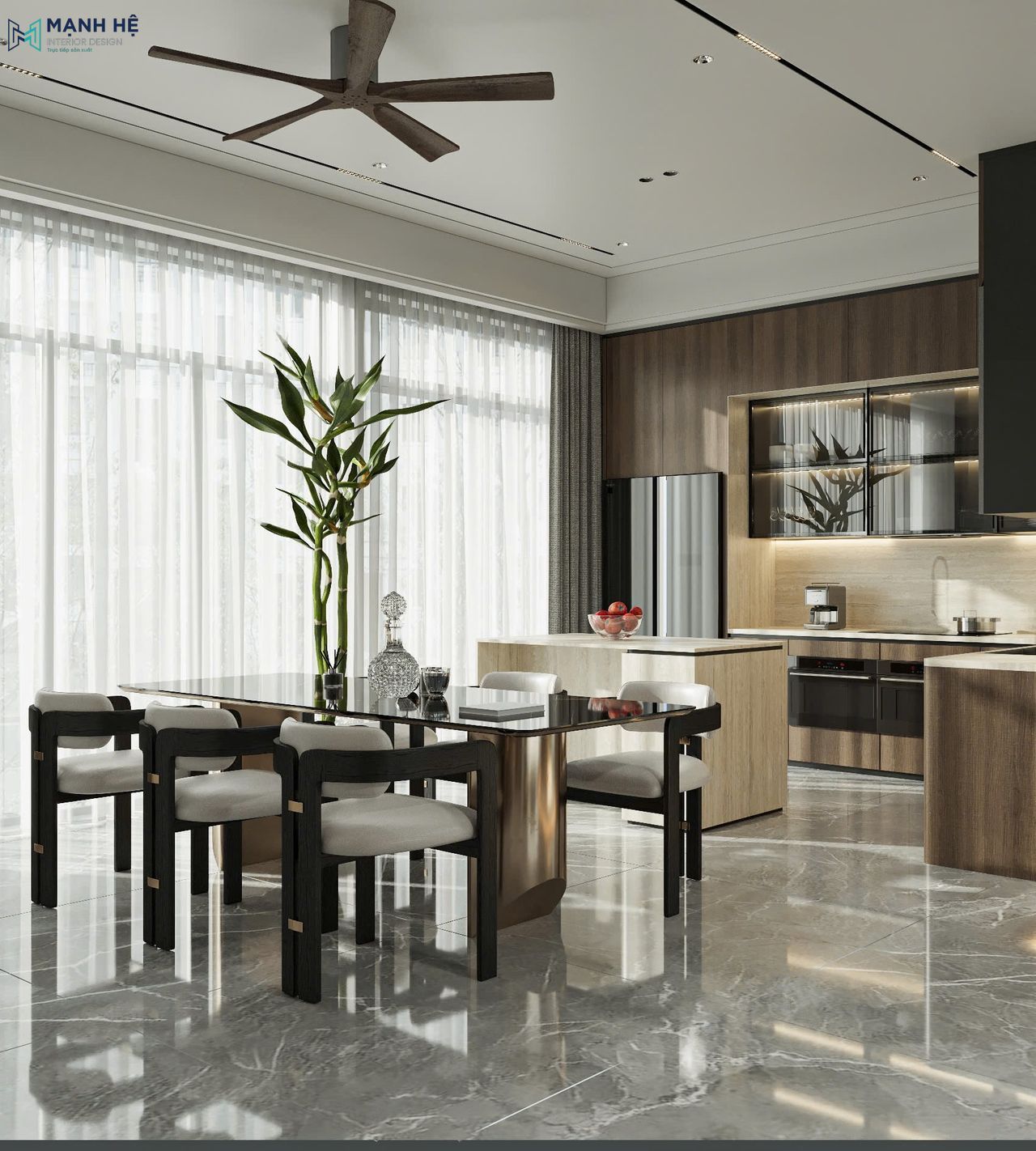 Phòng bếp villa hiện đại với hệ tủ chữ L vân gỗ, đảo bếp trung tâm và bàn ăn 6 ghế cạnh cửa kính lớn, sàn lát đá bóng cùng rèm mỏng đón sáng tự nhiên