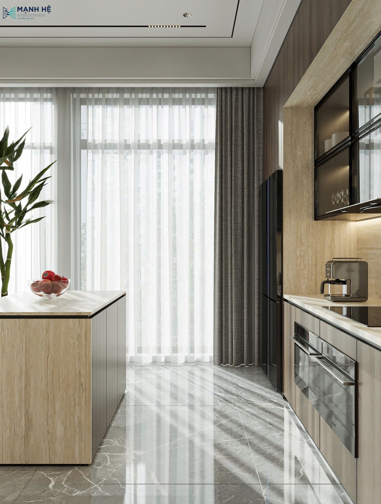 Khu bếp villa đón ánh sáng dịu nhẹ từ hệ cửa kính lớn phối cùng nền gạch bóng sáng màu be giúp không gian luôn rộng rãi