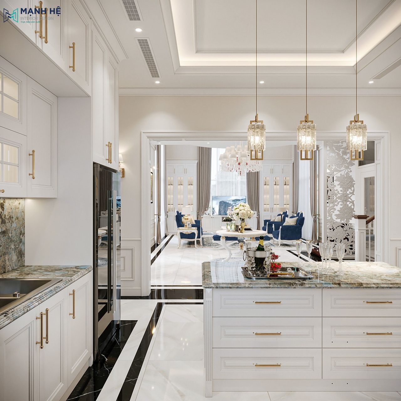 Noi That Biet Thu Góc nhìn từ đảo bếp hướng ra phòng khách, thể hiện sự liên kết mạch lạc giữa các không gian sinh hoạt chung với lối bố trí mở, tông màu đồng nhất và nội thất cao cấp