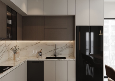 Khu vực bồn rửa tay âm bàn, mặt bếp đá marble, tủ lạnh đen bóng và tủ bếp tối giản