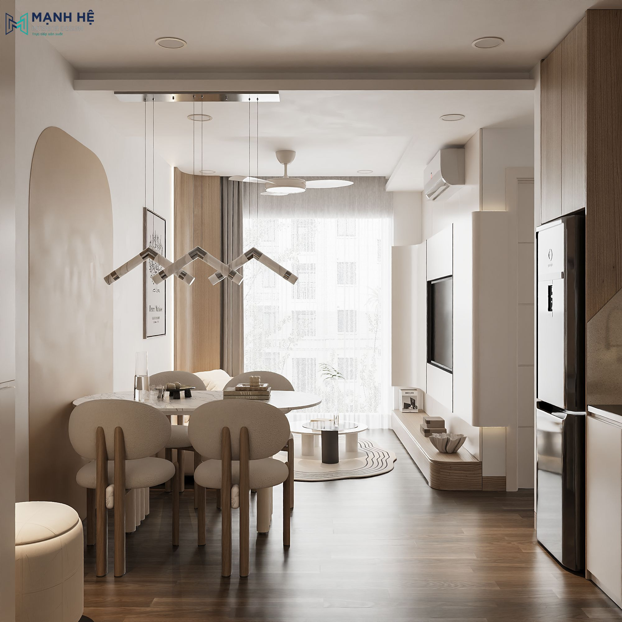 Tổng thể phòng khách liền bếp căn hộ nhỏ 45m², bàn ăn 4 ghế, sofa chữ I, thiết kế mở tối ưu không gian.