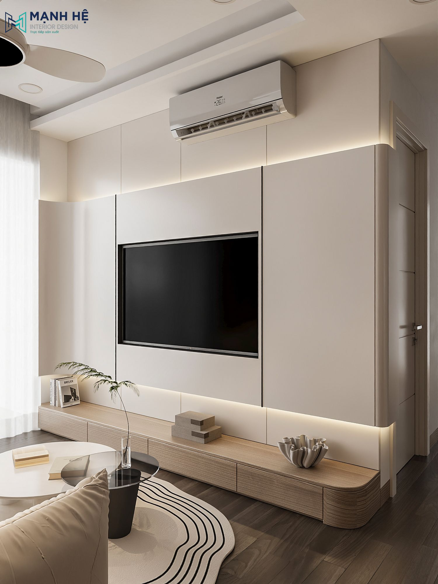 Kệ tivi âm tường kết hợp tủ trang trí gỗ, nội thất phòng khách căn hộ nhỏ cho thuê, thiết kế tinh tế.