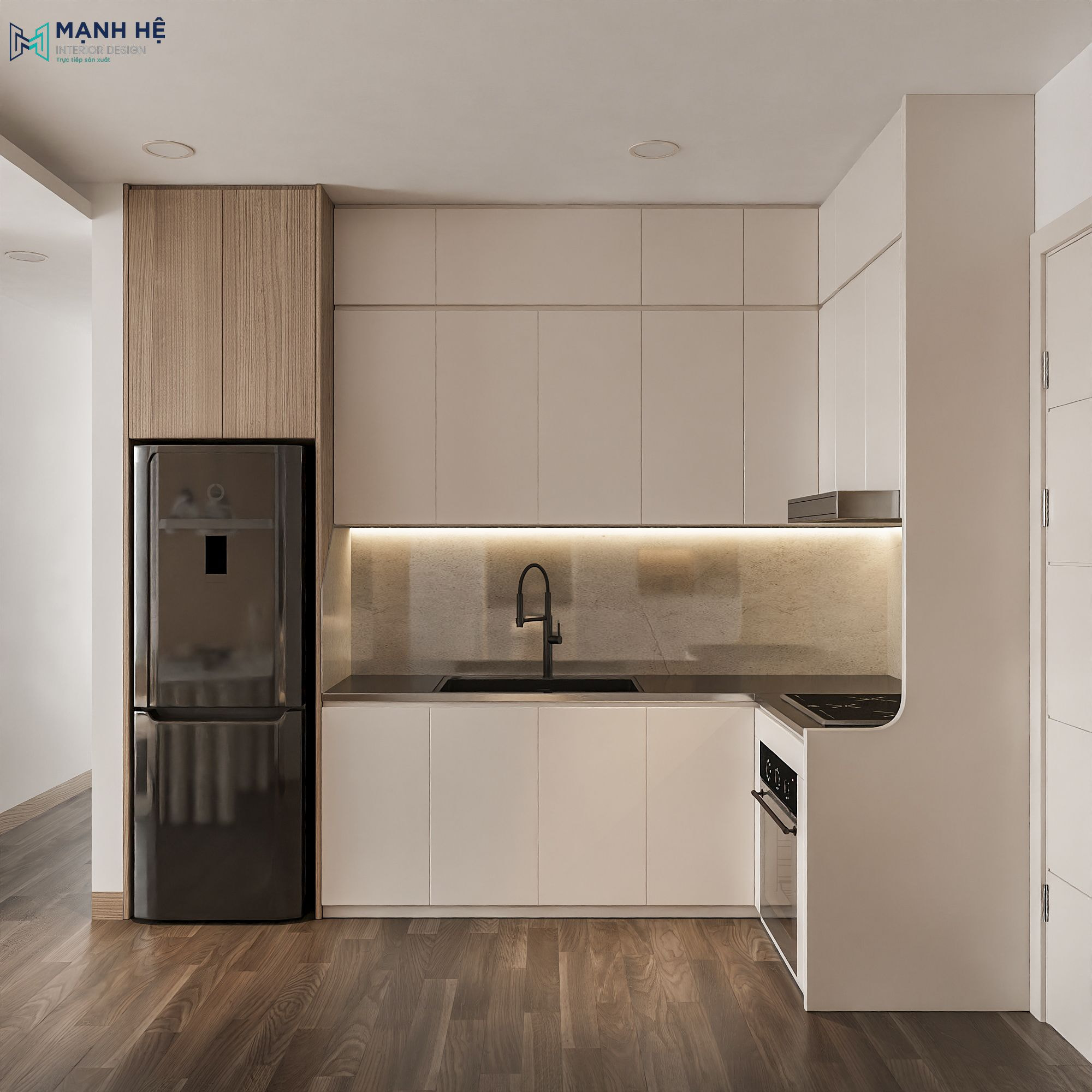 Khu vực bếp nhỏ căn hộ cho thuê 45m², thiết kế chữ L, tủ bếp trắng không tay nắm, đá bếp đen sang trọng.