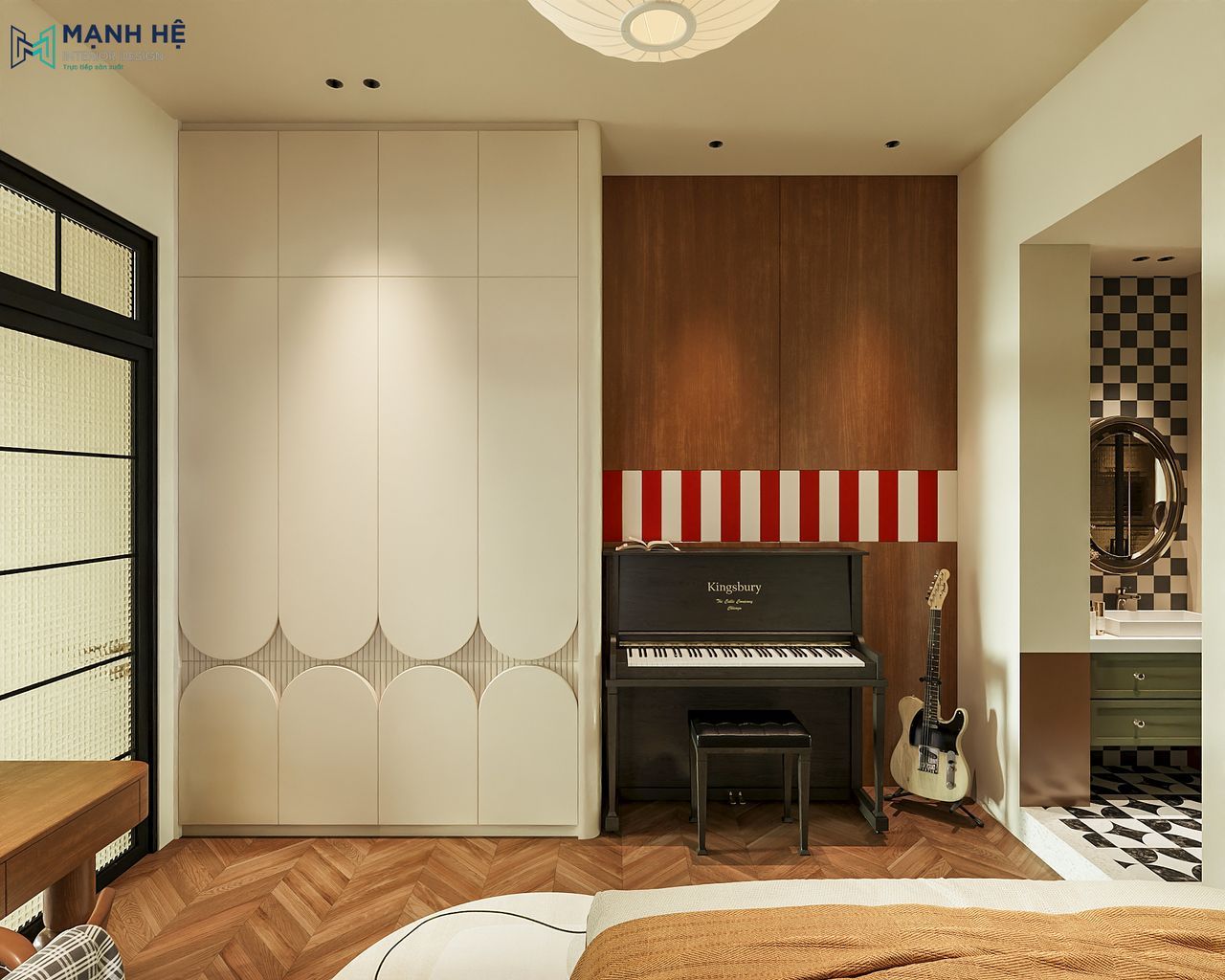 Piano màu đen ngay vách gỗ sọc đỏ trắng được bố trí bên cạnh tủ quần áo màu trắng kịch trần và sàn gỗ xương cá trong phòng ngủ
