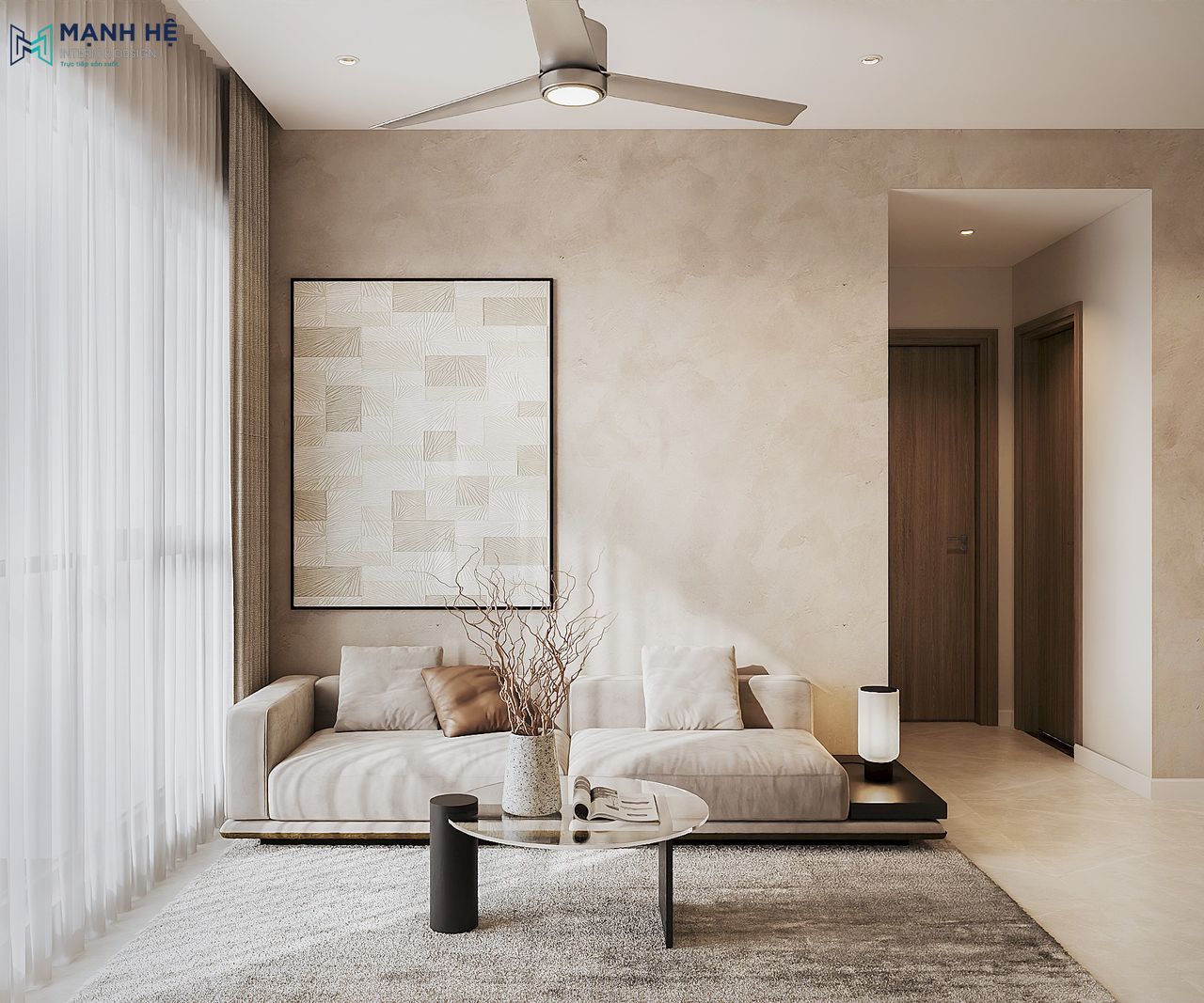 Phòng khách hiện đại với sofa vải màu be, bàn trà mặt kính tối giản và mảng tường trang trí tinh tế, ấm cúng