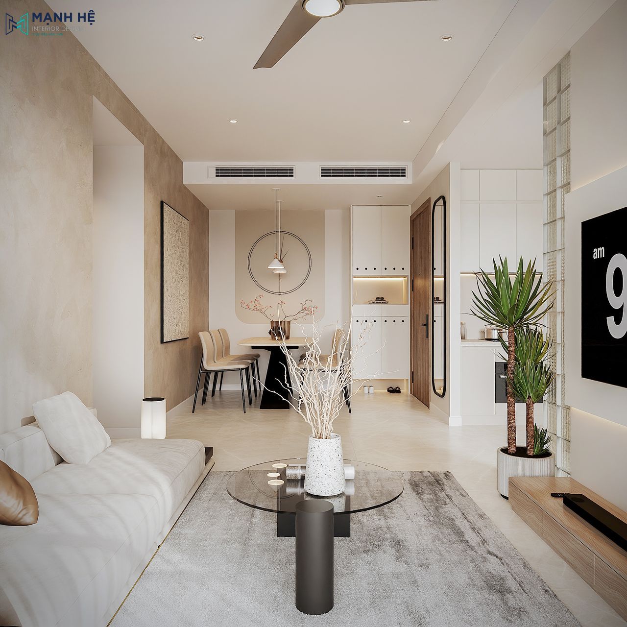 Thiết kế mở liền mạch giữa phòng khách, bếp và bàn ăn, bố trí khoa học giúp tối ưu diện tích và mang lại sự tiện nghi cho căn hộ