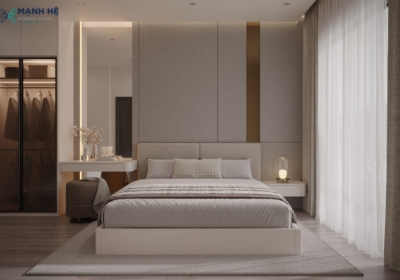 Bàn trang điểm được thiết kế treo tường tích hợp gương lớn sử dụng gam màu trắng đồng bô