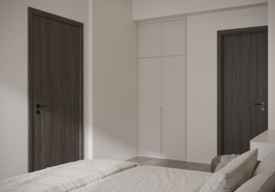 Hệ tủ quần áo 2 cánh được thiết kế âm tường với gam màu trắng chủ đạo