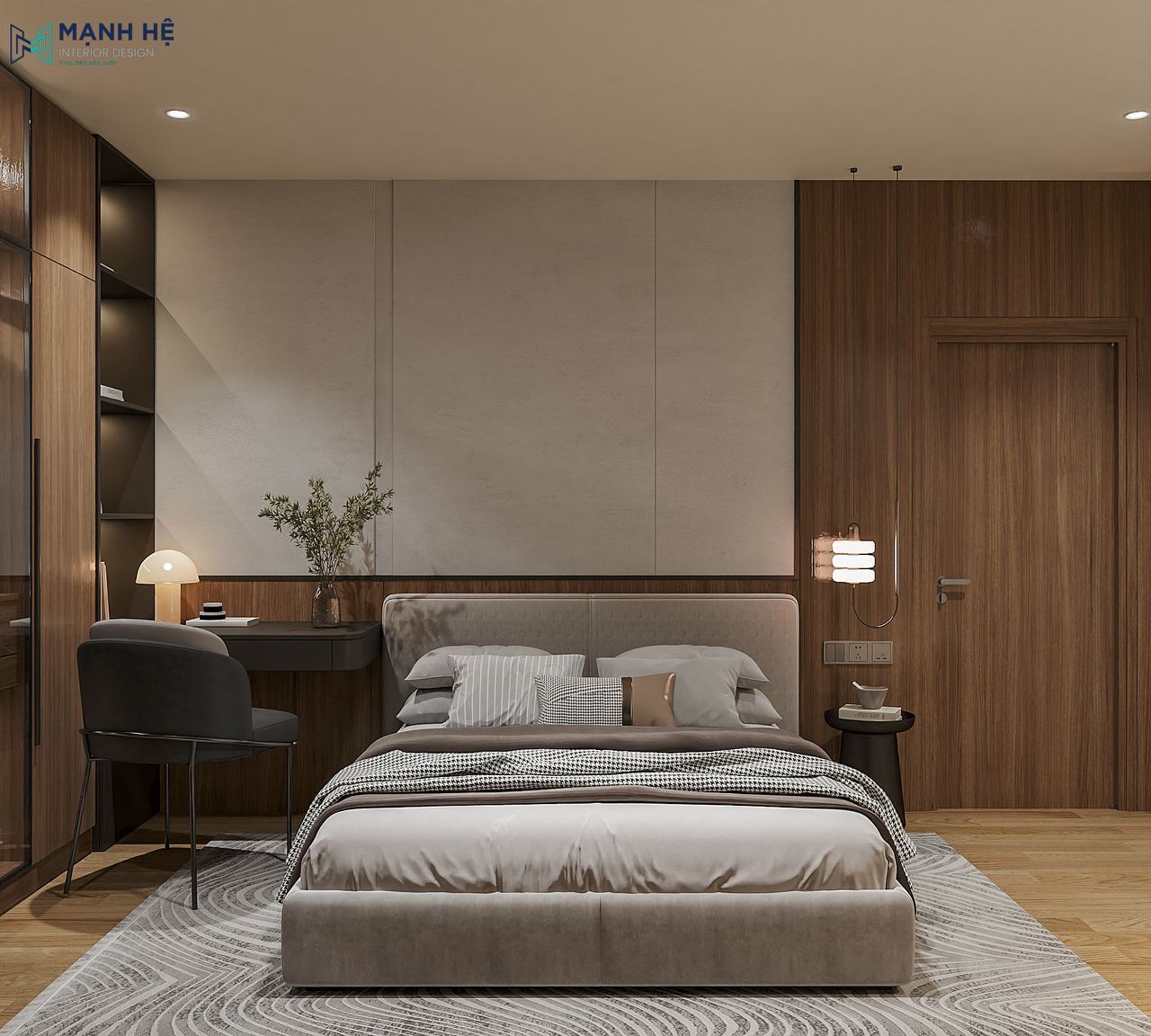 Thiết kế phòng ngủ master căn hộ với tông nâu gỗ phối be chủ đạo, kết hợp ánh sáng vàng dịu tạo nên không gian nghỉ ngơi hiện đại và ấm cúng